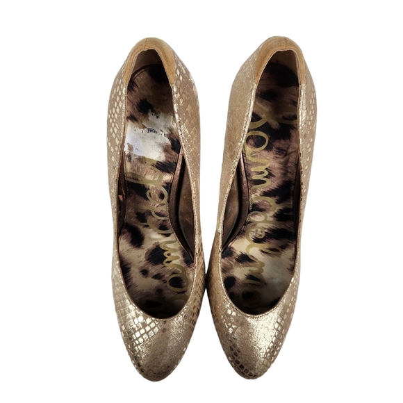 Sam Edelman Yasmine Metallic Gold Tan Snakeskin Platform Heels Women's Size 8.5 - Picture 8 of 11